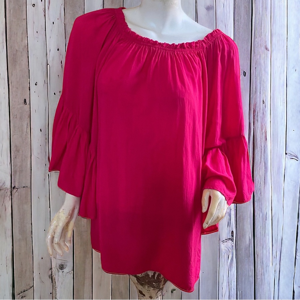 Elan hot pink wide bell sleeve pleated boho chic bohemian top blouse O/S